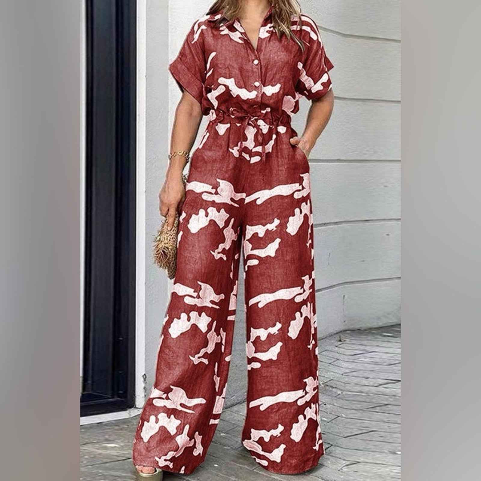 Apricot and White Abstract Jumpsuit with Flowing Wide-Leg Fit XL-5XL