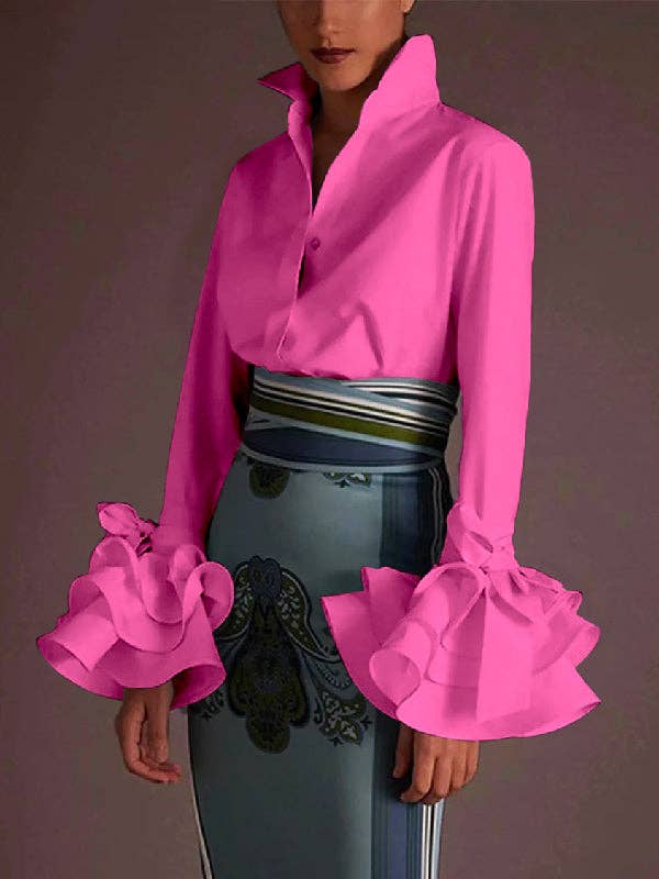 Cotton-Blend Flared Sleeve Bow Falbala Lapel Blouse