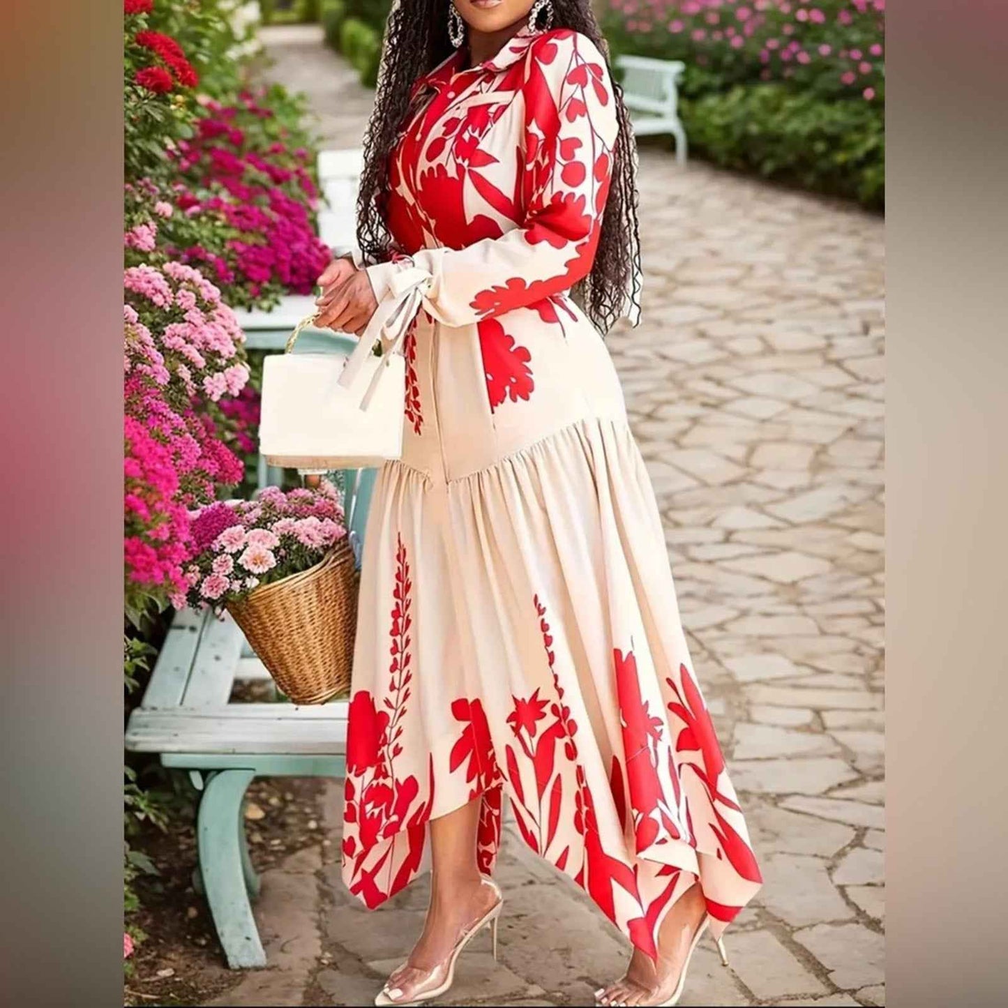 Elegant Red Floral High-Low Midi Dress – Long Sleeve, Button-Up, Garden Party