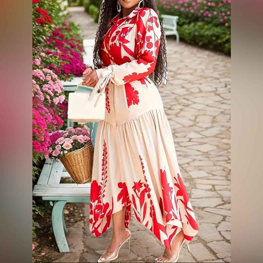 Elegant Red Floral High-Low Midi Dress – Long Sleeve, Button-Up, Garden Party