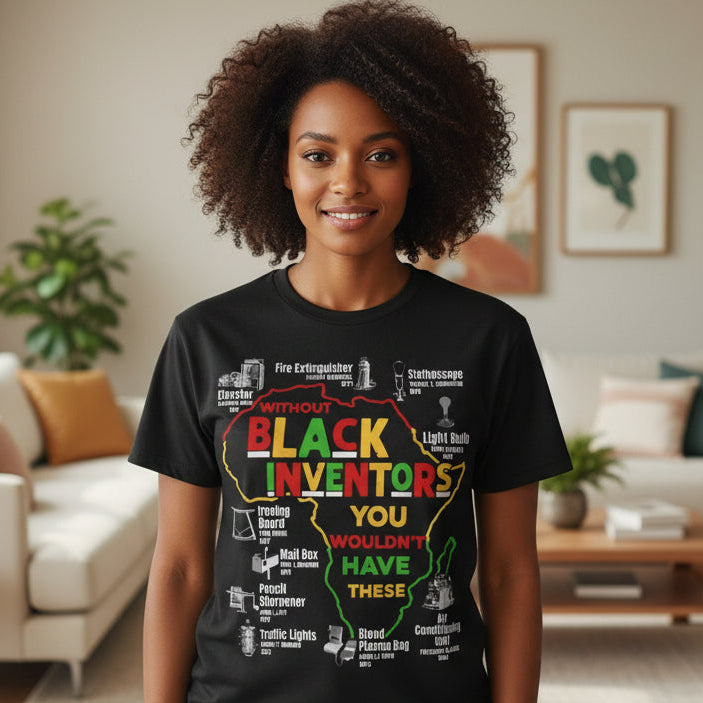 Black t-shirt with a colorful graphic of Africa and text about black inventors on a mannequin.