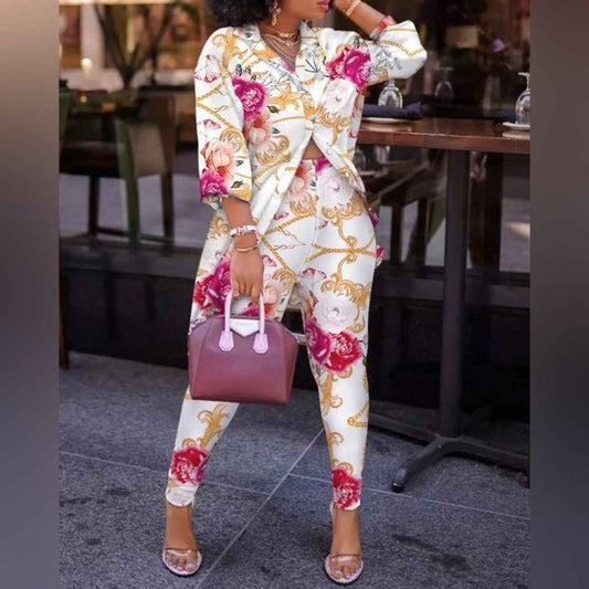 Print Lantern Sleeve Top High Waist Pants Set