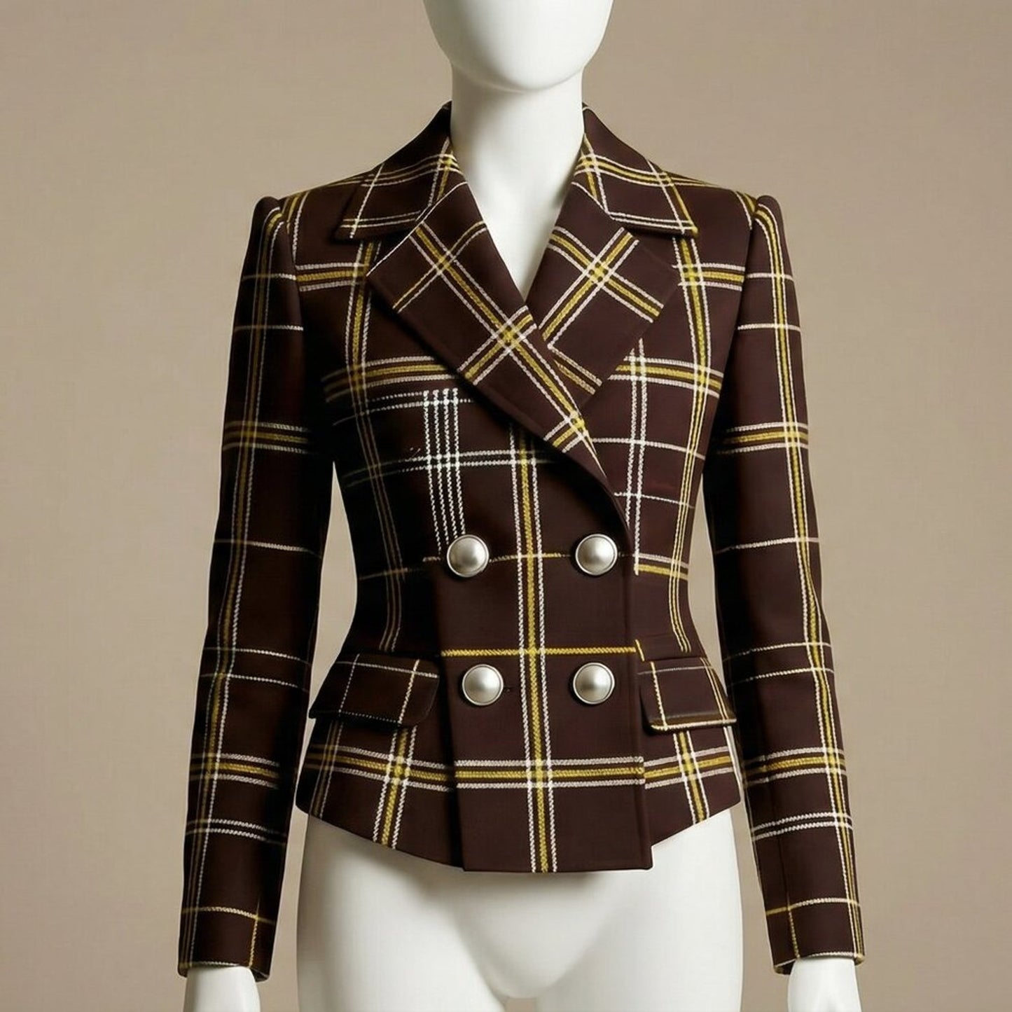 Brown Plaid Double-Breasted Blazer Jacket | Lapel Collar | Fall/Winter