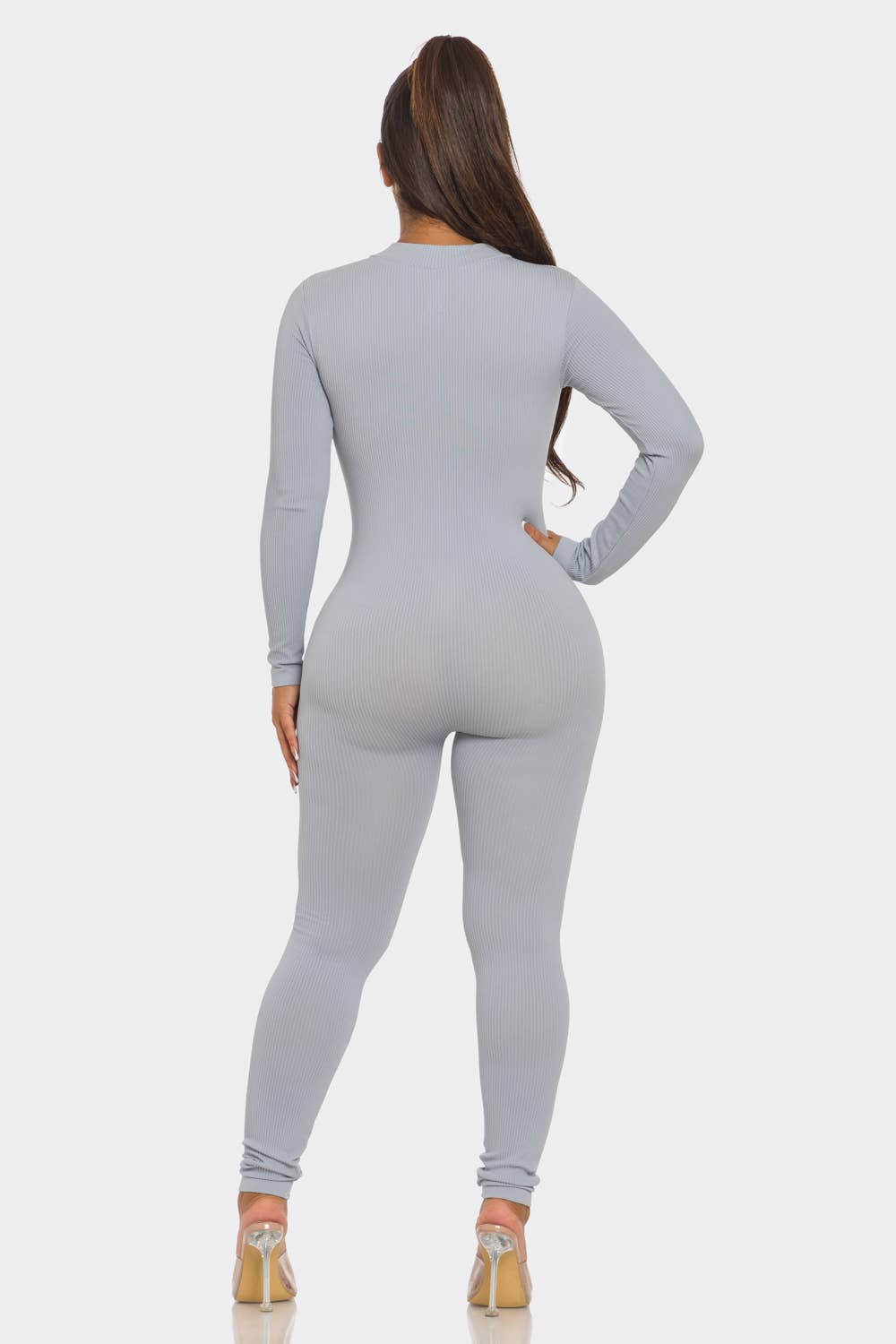 Ribbed Half Zip Long Sleeve Bodycon Jumpsuit