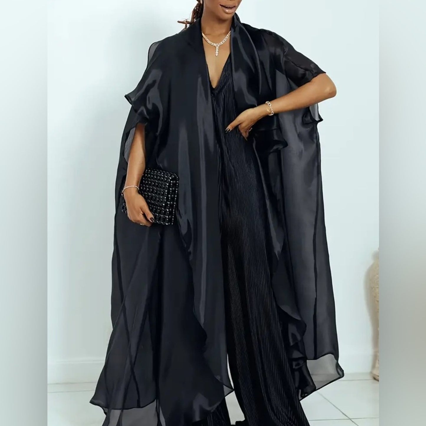 Elegant Black Women's Dress with Flowing Cape