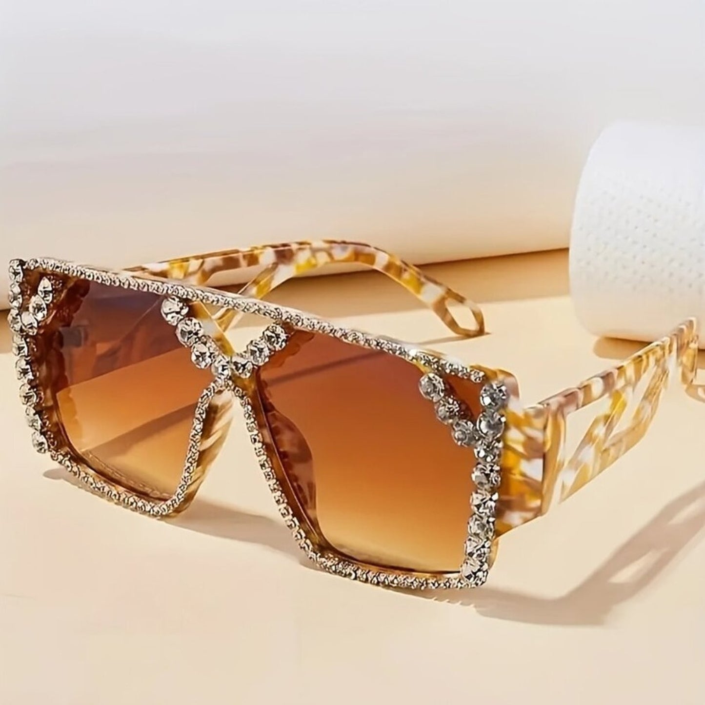 Large Hollow Geometric Mirror Sunglasses – Tortoiseshell Frame with Rhinestone
