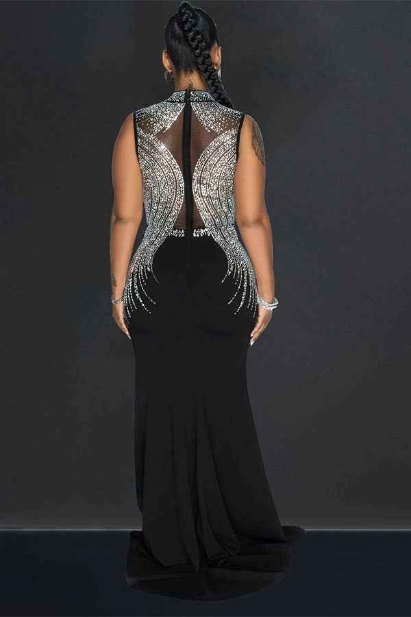 SOLID COLOR MESH PRESS DRILL SPLIT LONG DRESS FOR WOMEN