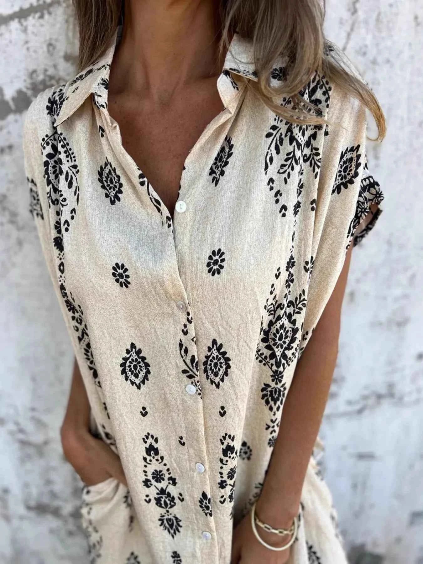 Full Size Printed Short Sleeve Button-Up Shirt Dress Plus Size