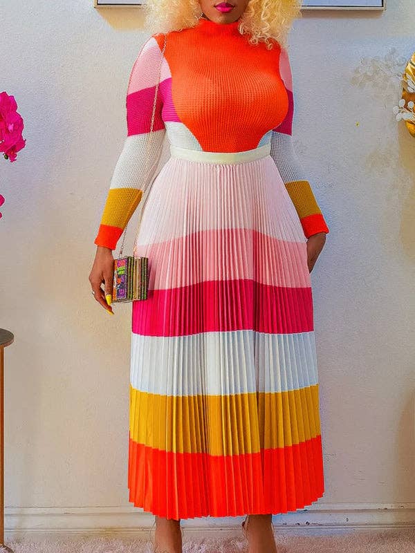 Plus Size Two-Piece Set - Printed Mock Neck Long Sleeve Top & Pleated Skirt