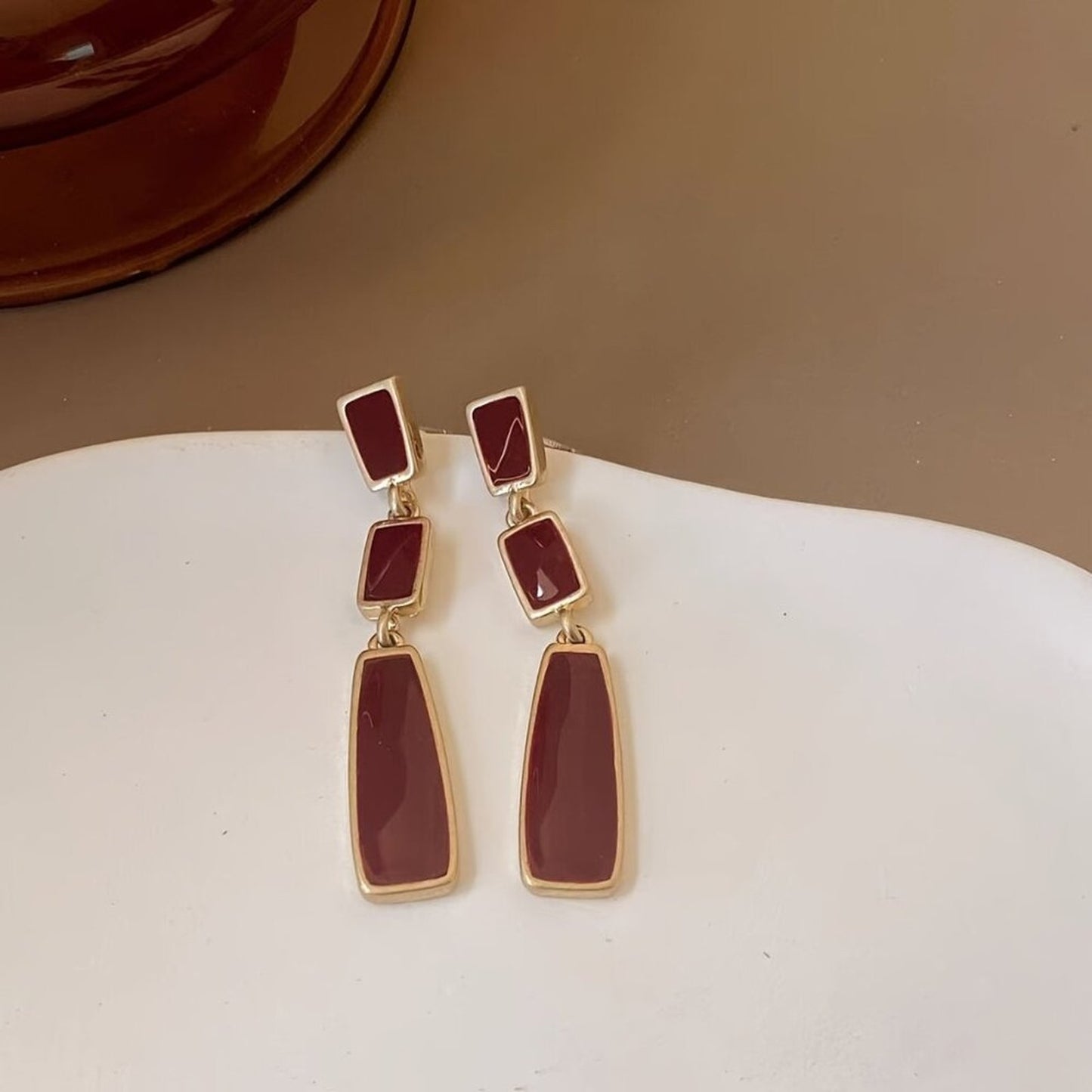 Burgundy Geometric Shape Dangle Earrings Elegant Simple Style Zinc Alloy Jewelry
