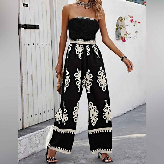 Plus Size BOHO Tube Jumpsuit, Casual Strapless Wide Leg