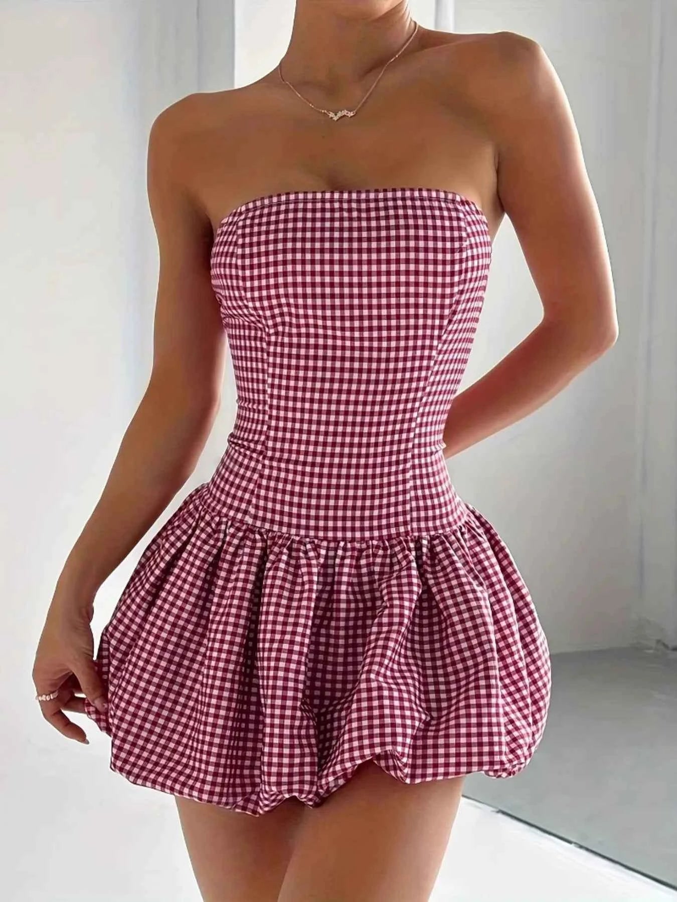 Gingham Tube Bubble Hem Mini Dress