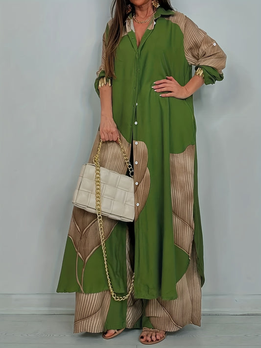 Woman wearing a green and beige dress holding a white handbag against a plain background