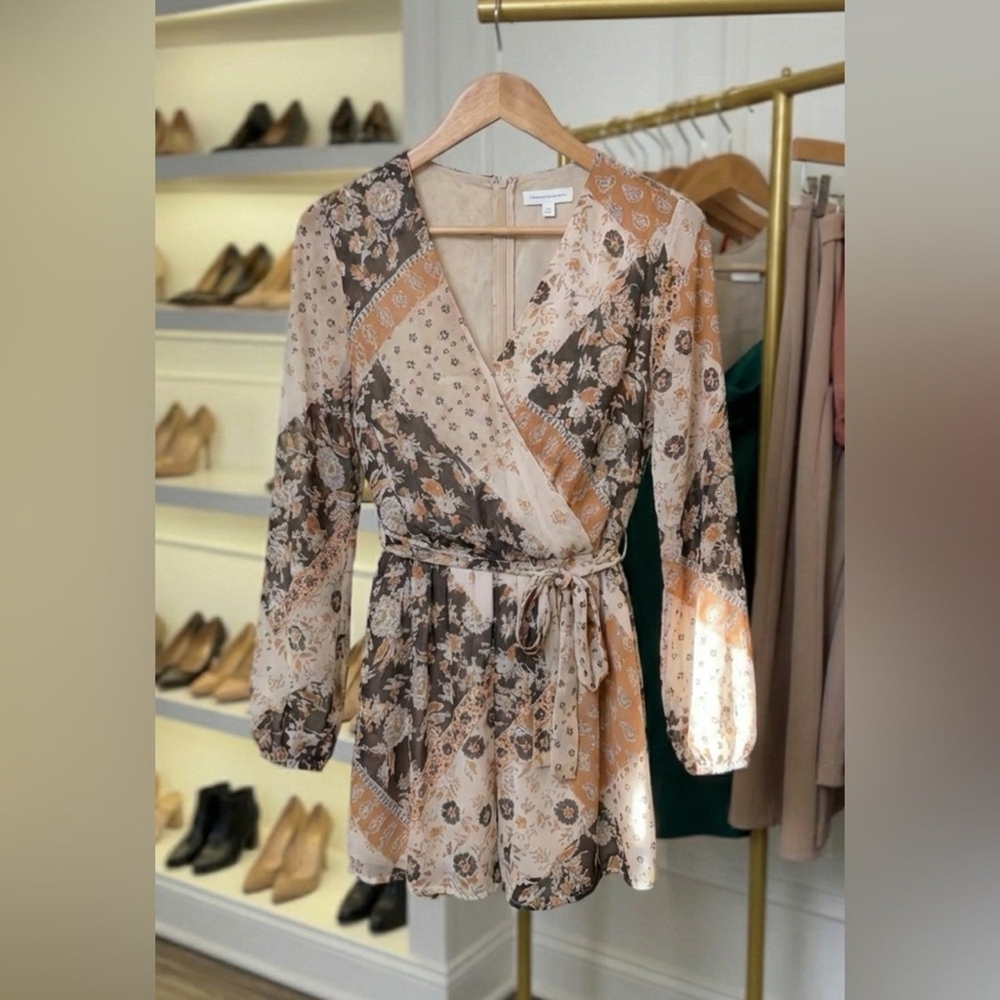 Boho Patchwork Wrap Romper – Cream, Mocha & Burnt Orange Tie Waist (Size L)