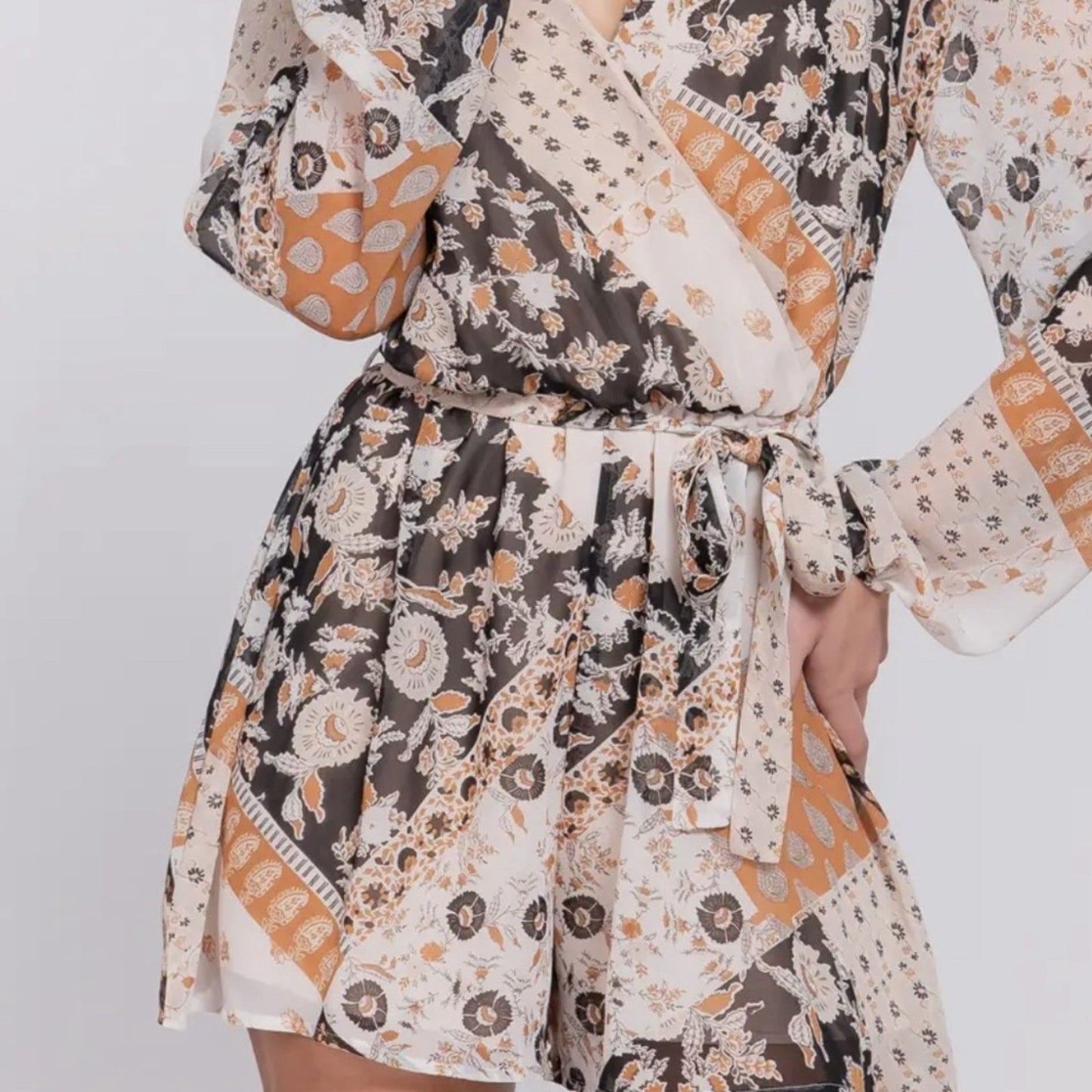 Boho Patchwork Wrap Romper – Cream, Mocha & Burnt Orange Tie Waist (Size L)