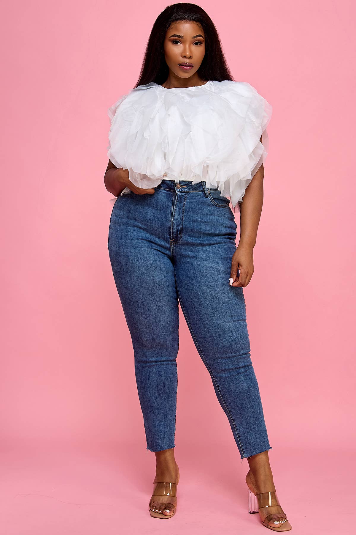 Plus Size Sleeveless Ruffle Tulle Crop Top - Multi-Color