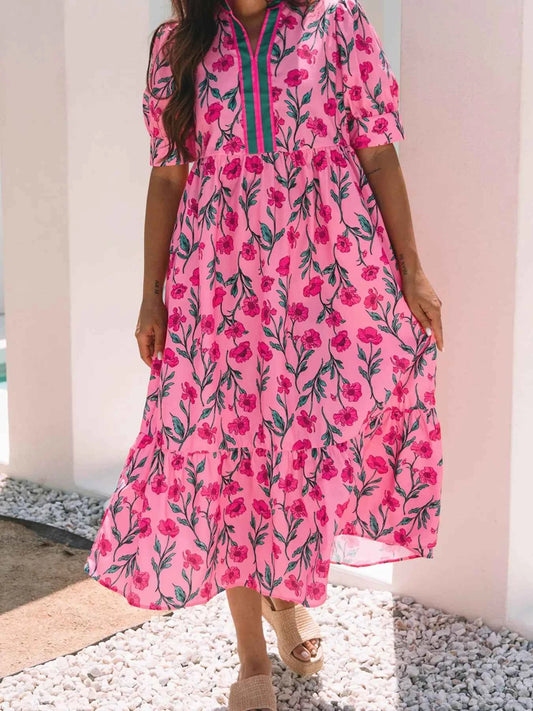 Floral Contrast Neckline A-line Puff Sleeve Dress
