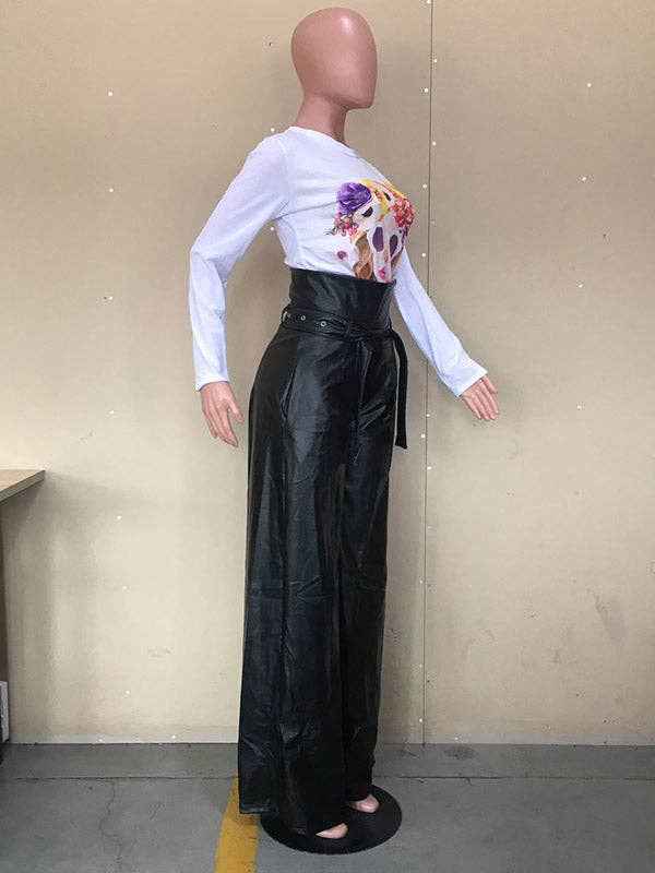 High Waisted Wide Leg Belted Solid Color Zipper Pants Trousers