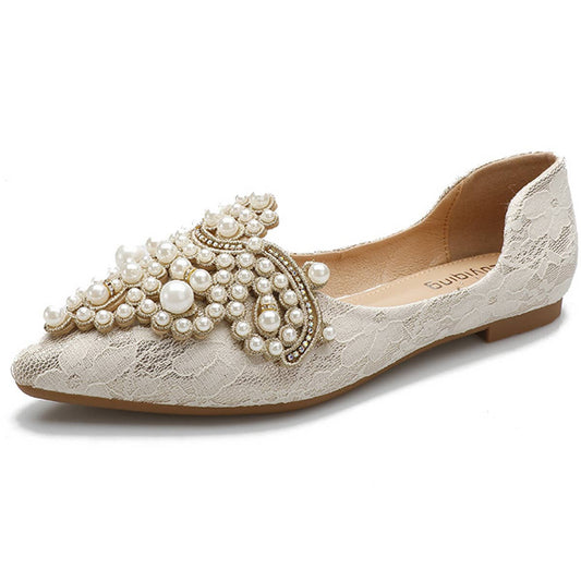 FAUX PEARL DECOR LACE FLAT SHOES FOR WOMEN