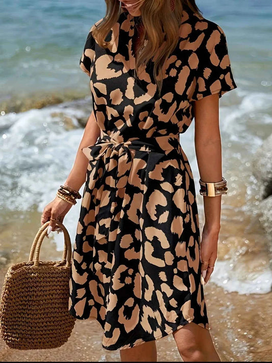 Leopard Notched Tie Waist Midi Dress