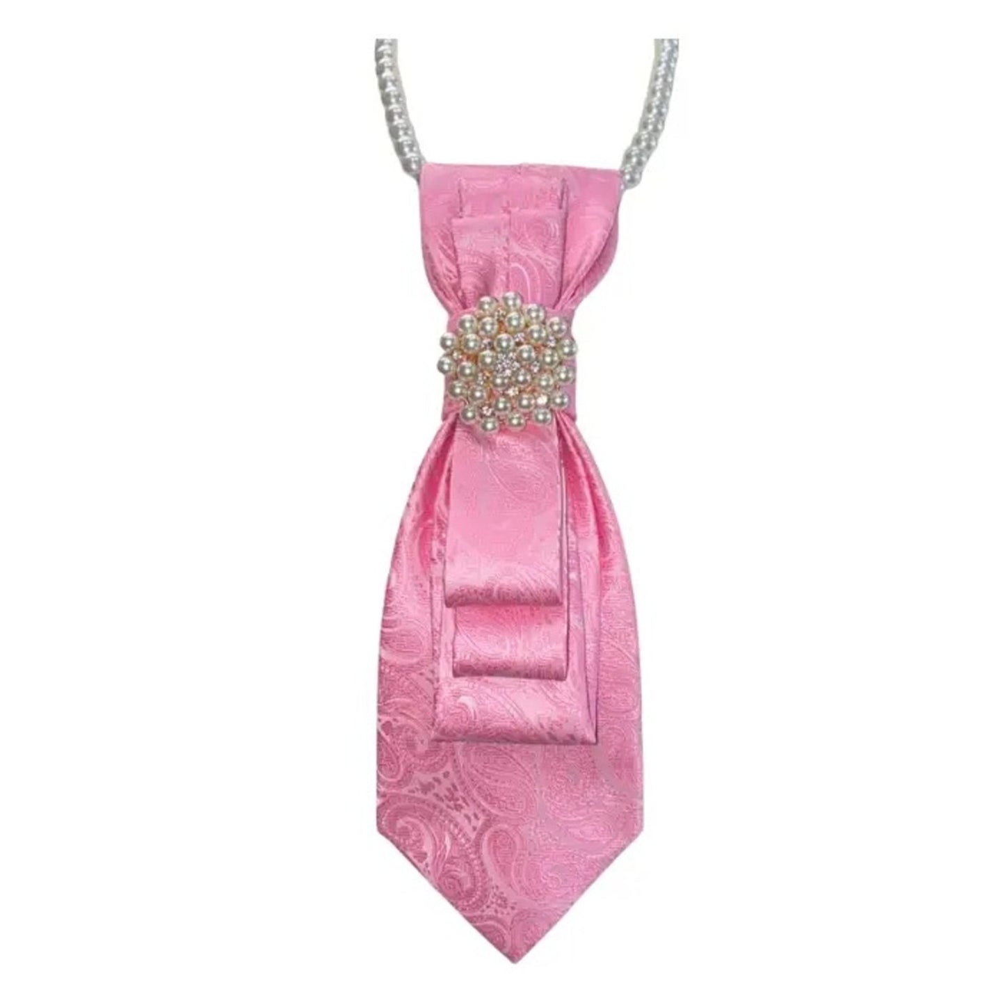 Pink paisley ascot with a decorative brooch on a white background