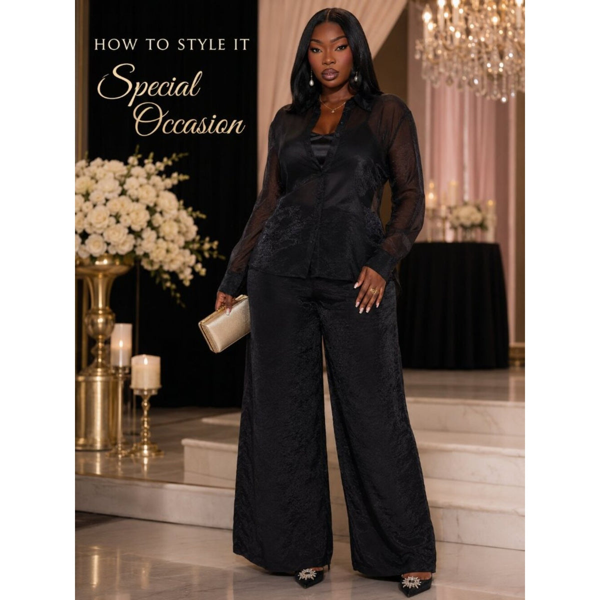 Luella Black Sheer Chiffon Button-Up Wide Leg 2 Piece Pant Set