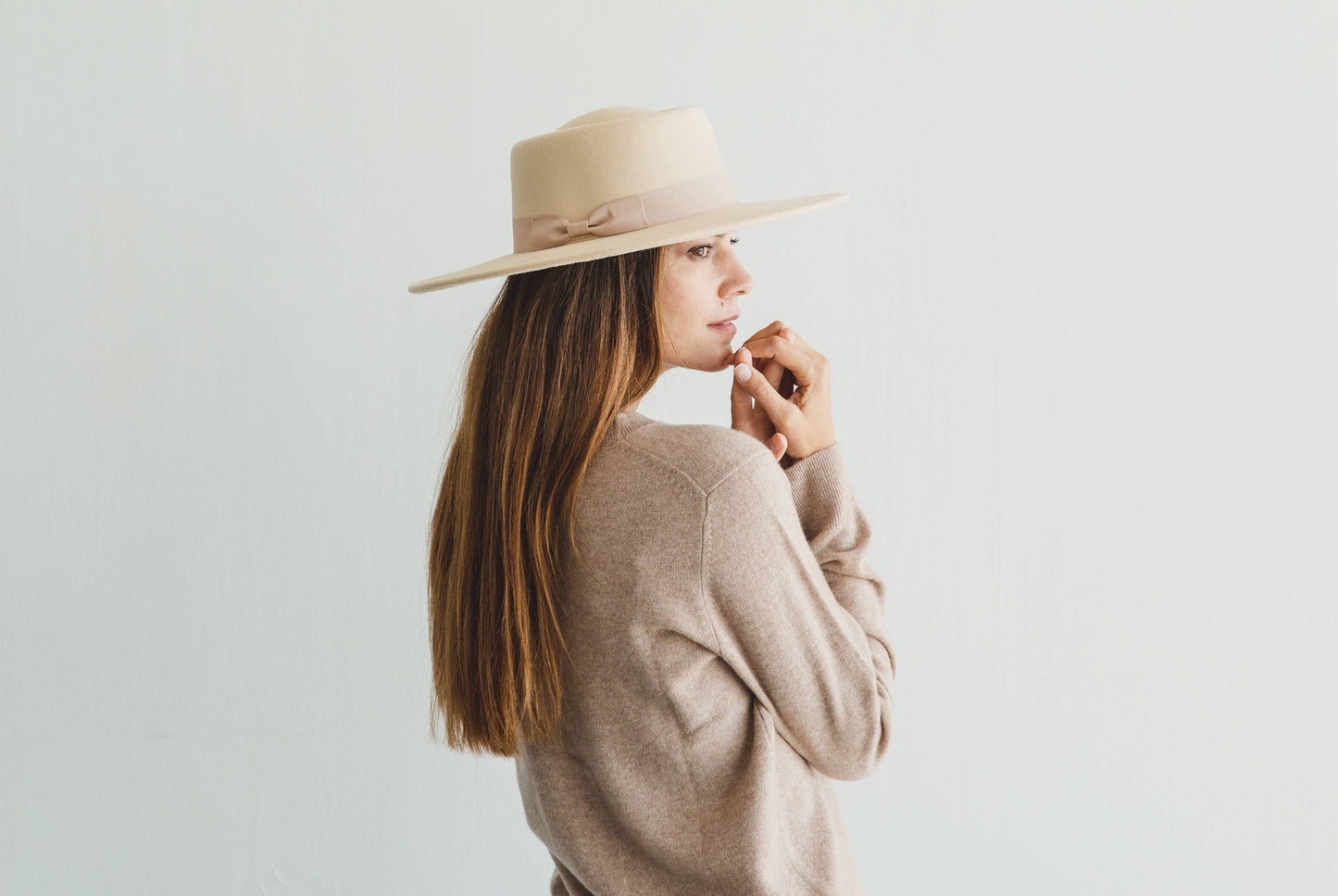 Wide Brim Boater Hat in Faux Felt - Structured Hat with Ribbon