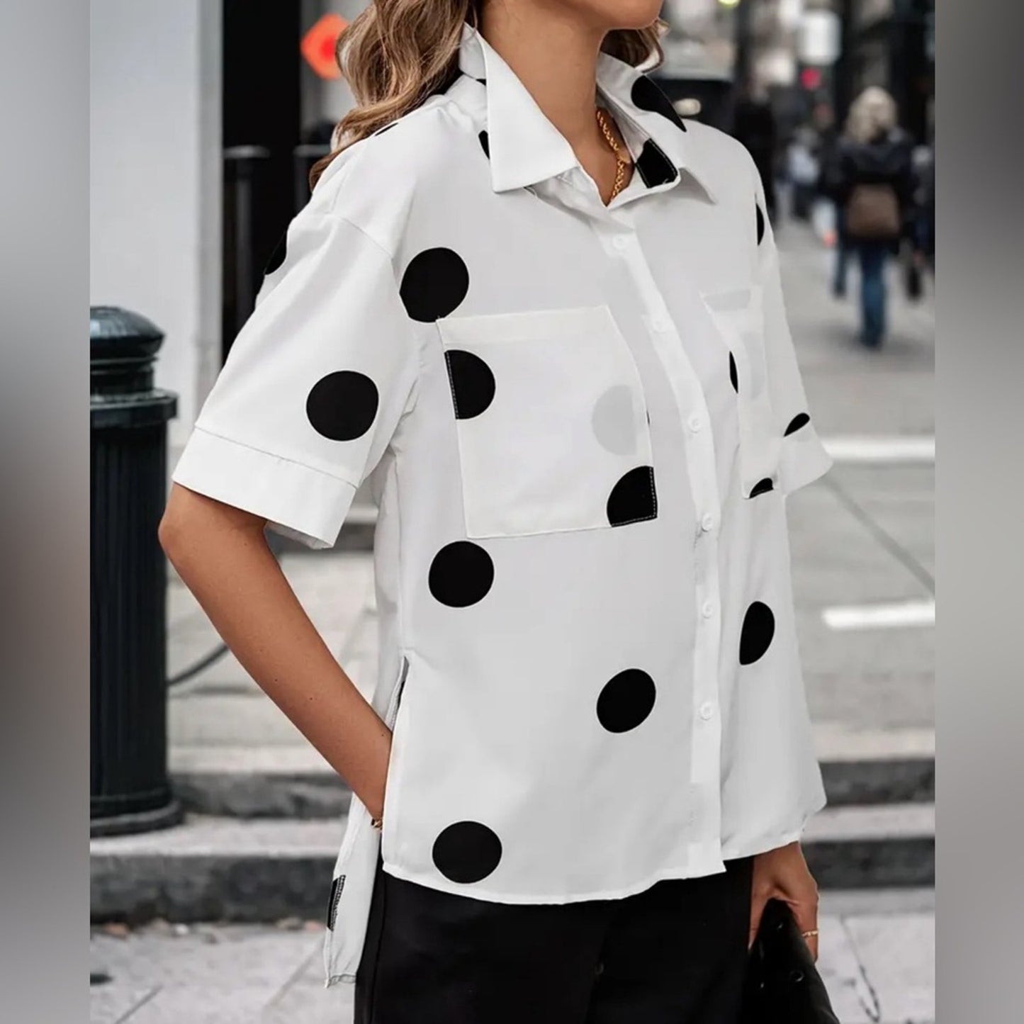 White Polka Dot Button-Up Shirt for Women – Short Sleeve Collared Blouse