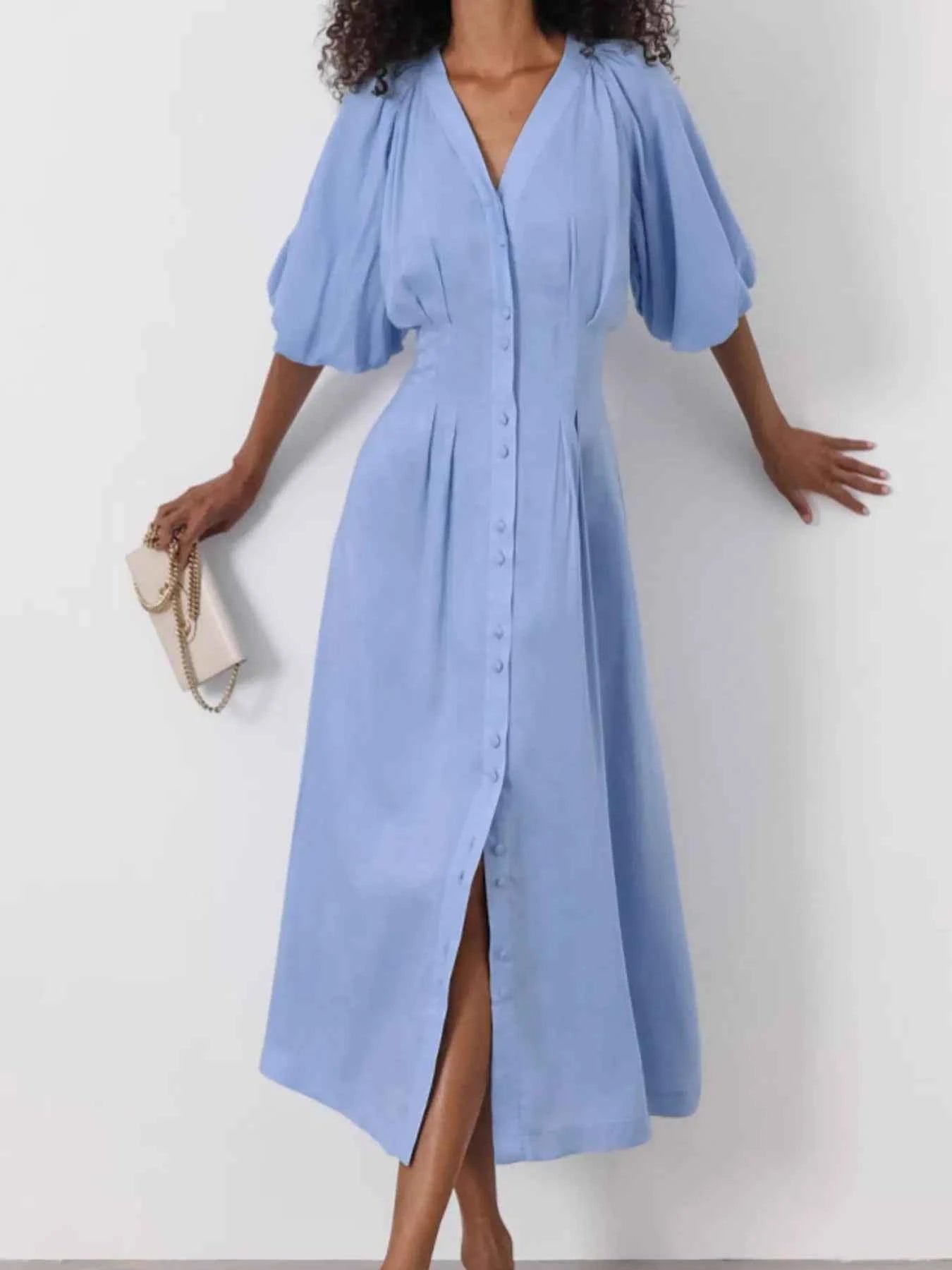 Puff Sleeve Button-Front Midi Dress