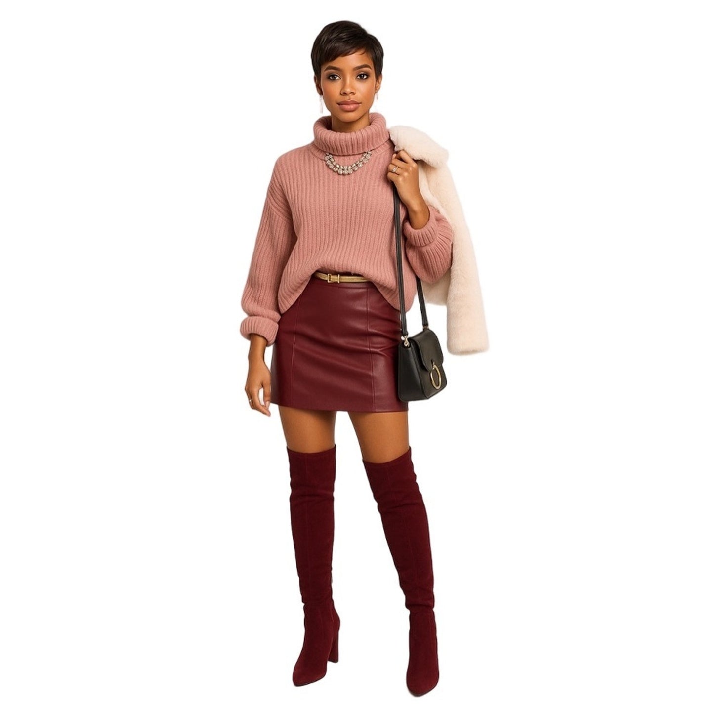 Woman wearing a pink sweater, brown leather skirt, and red knee-high boots on a white background