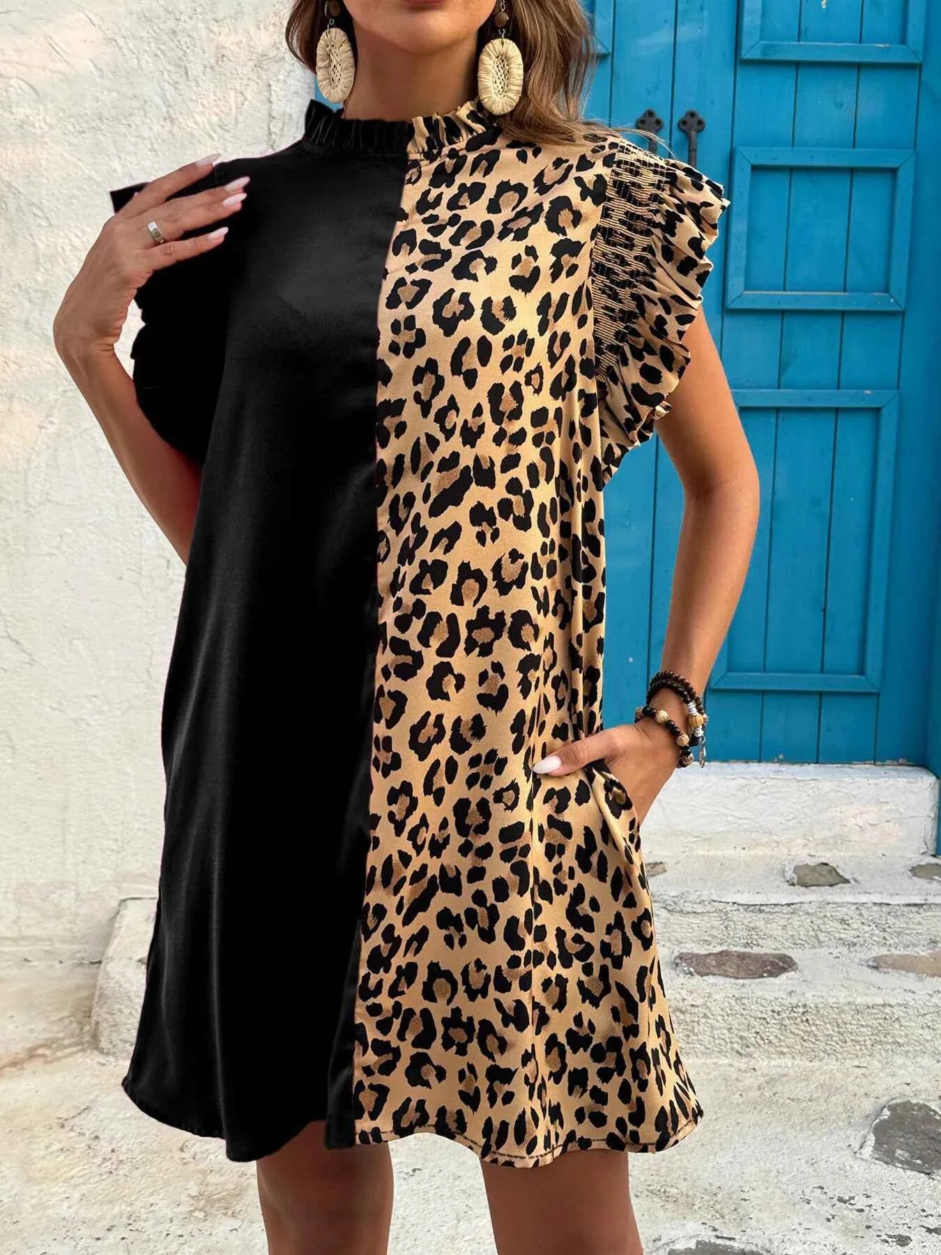 Leopard Color Block Ruffle Sleeve Dress