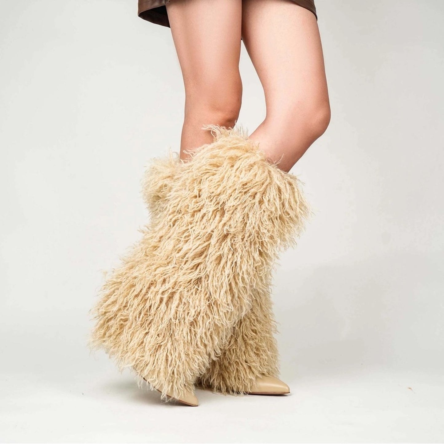 Demure Diamante Faux Fur Knee-High Boots - 4" Heel
