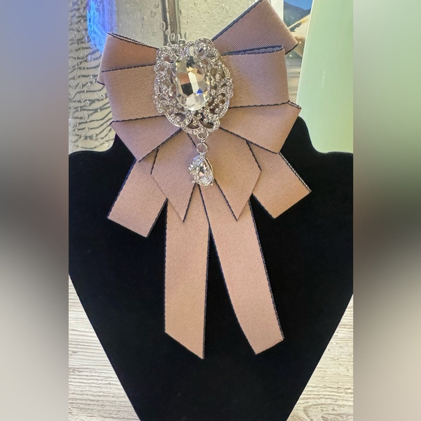 Apricot Rhinestone Bow Tie Brooch Elegant Ribbon Statement Collar Accessory