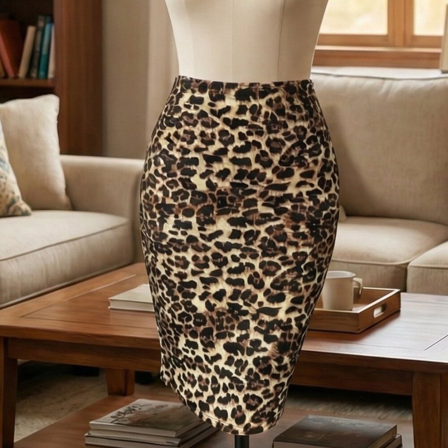 Leopard Print Bodycon Knee Length Skirt, Casual High Waist Pencil Skirt