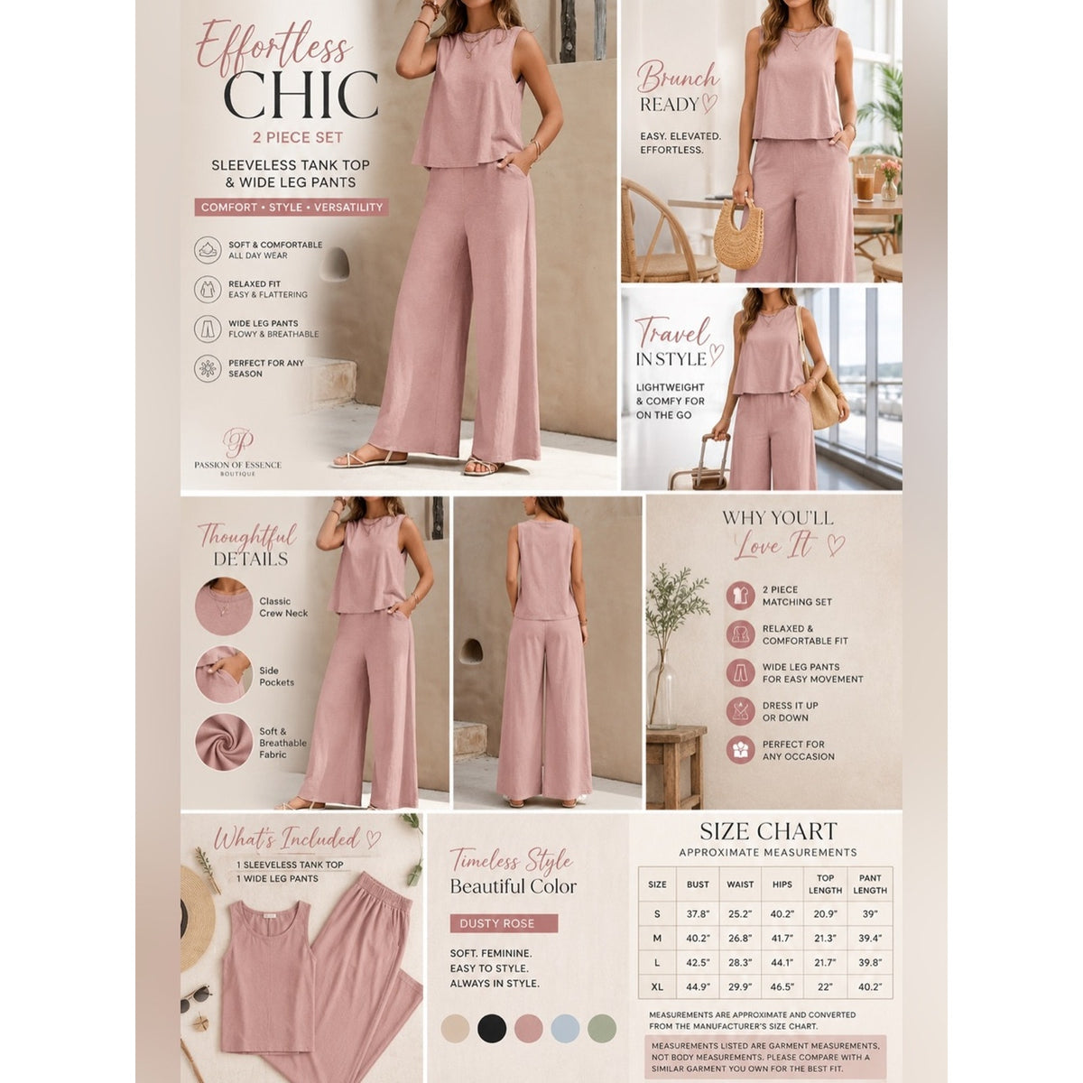 Dusty Rose Sleeveless Wide Leg Pants 2 Piece Matching Set XL