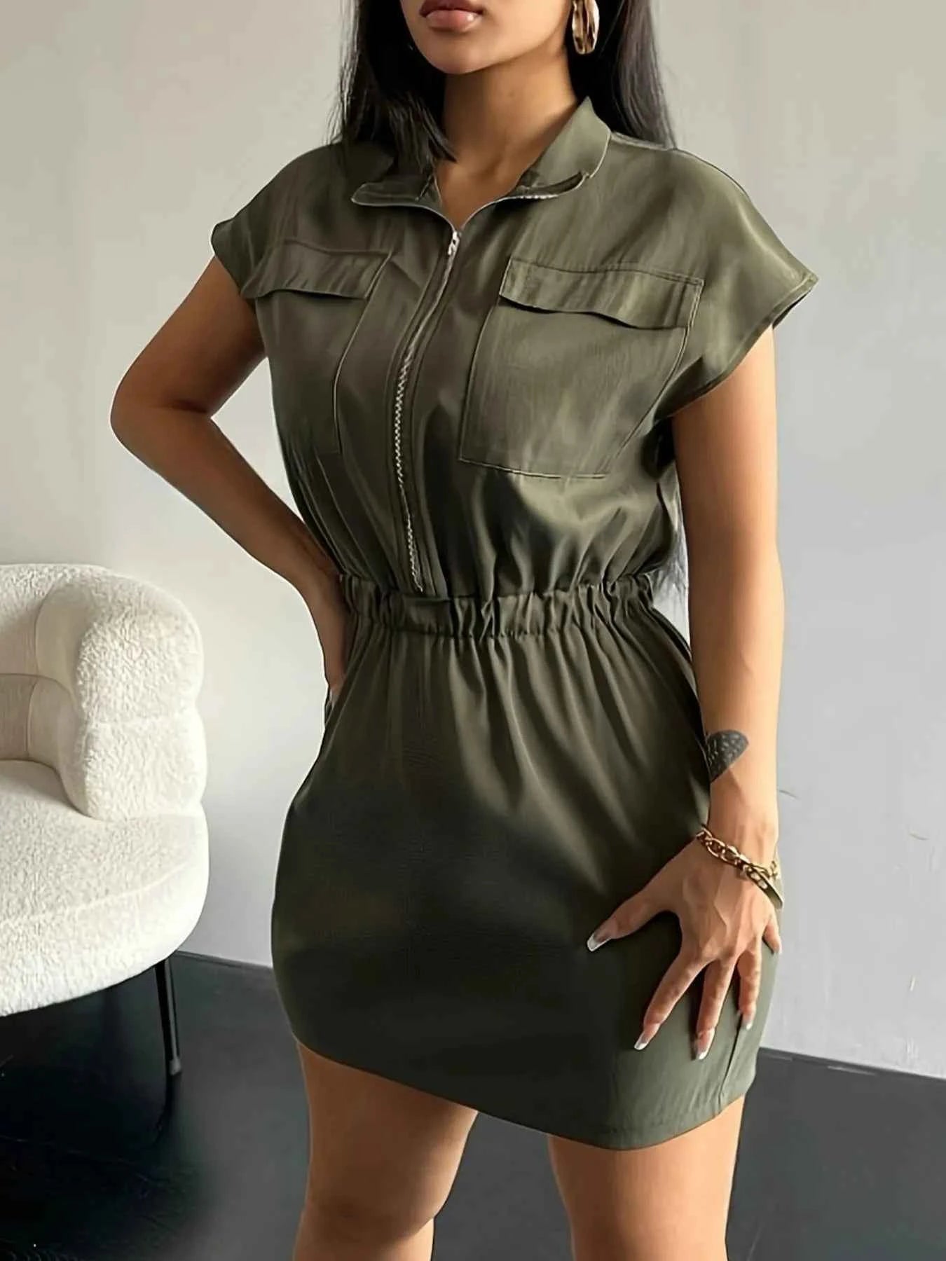 Zipper Front Short Sleeve Mini Dress