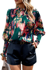 Load image into Gallery viewer, Green Abstract Print Frilled Neck Shirred Cuffs Blouse
