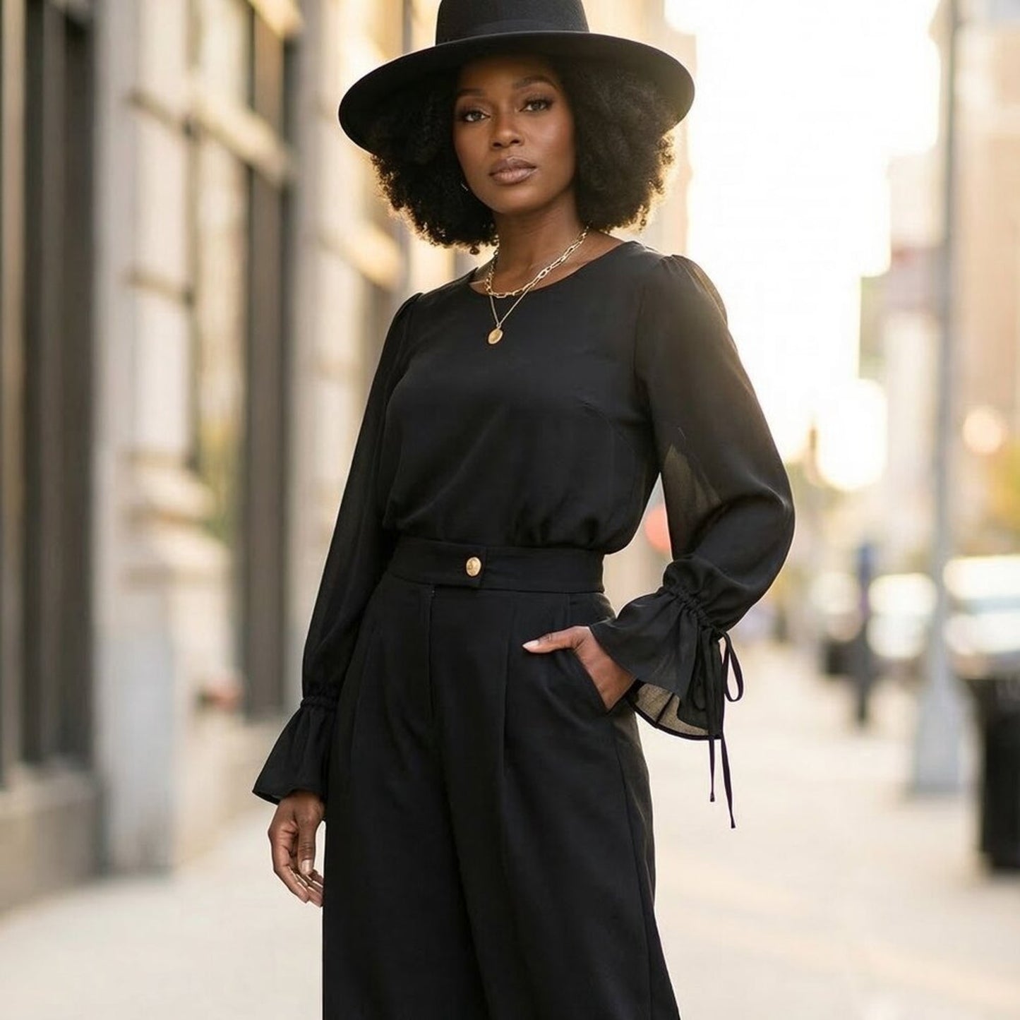 Elegant Black Bell Sleeve Blouse – Ruffle Cuff Tie Sleeve Top |Chic Work, Church