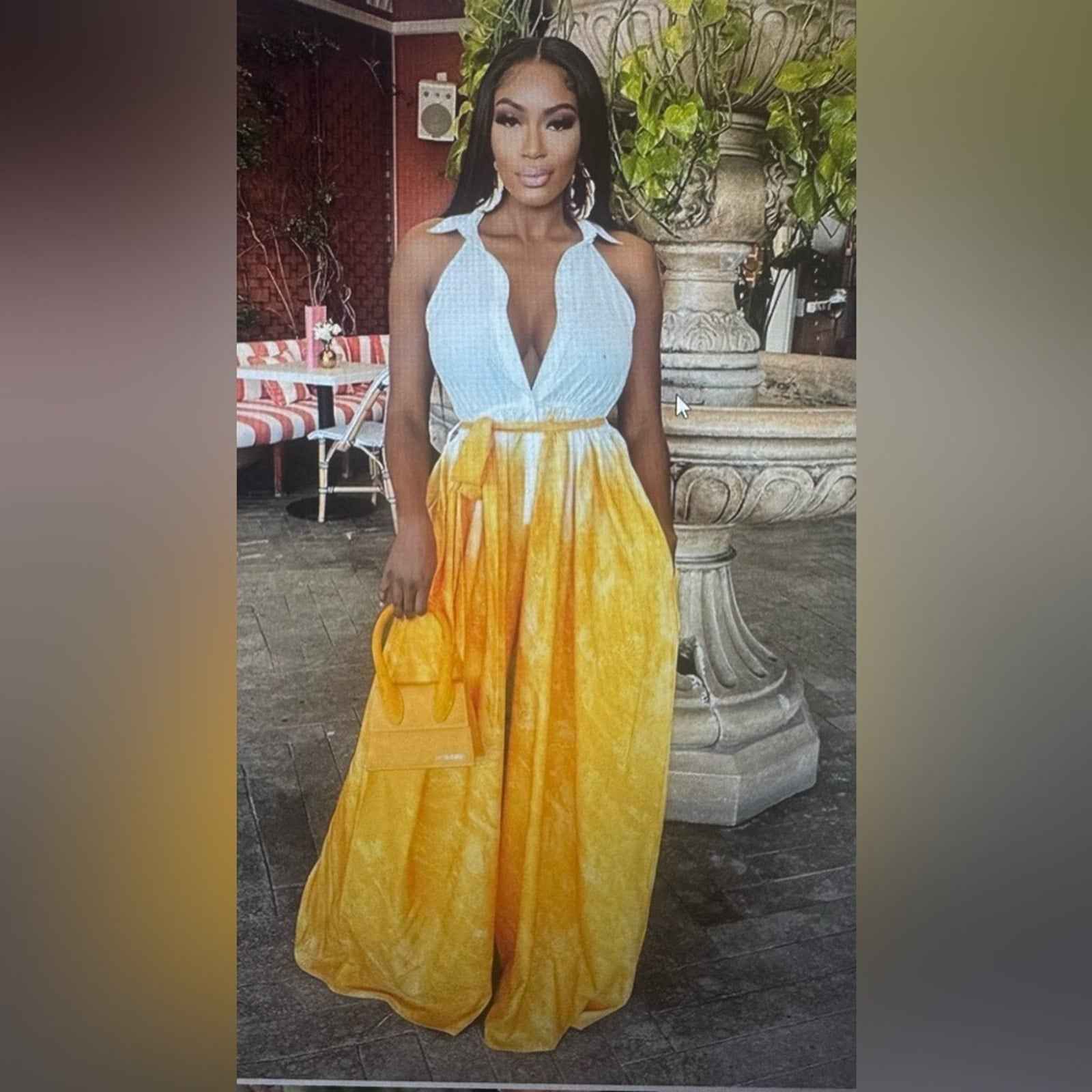 Stylish Yellow and White Halter Maxi Wide Leg Jumpsuit Size L-XXXL