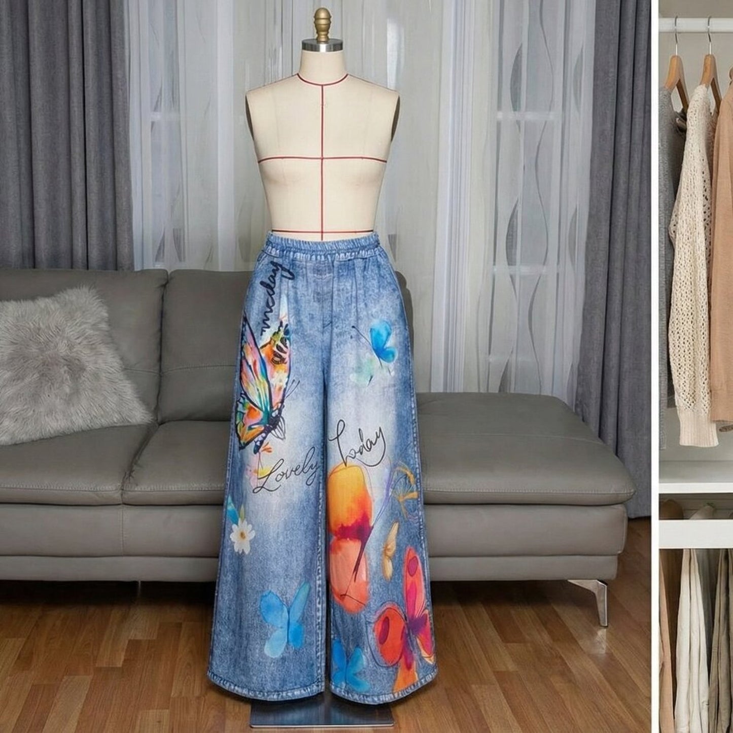 Knit Denim Statement Pants | Butterfly Print Wide Leg | Plus Size