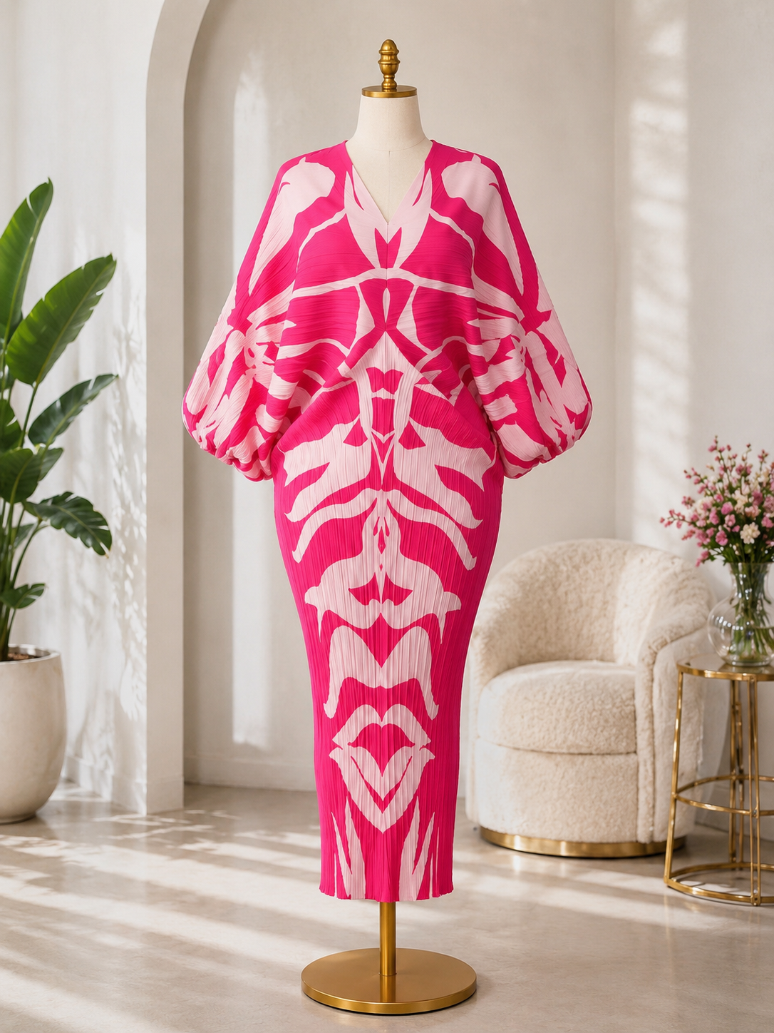 Mannequin wearing a pink dress with white patterns in a room with a chair and plant.