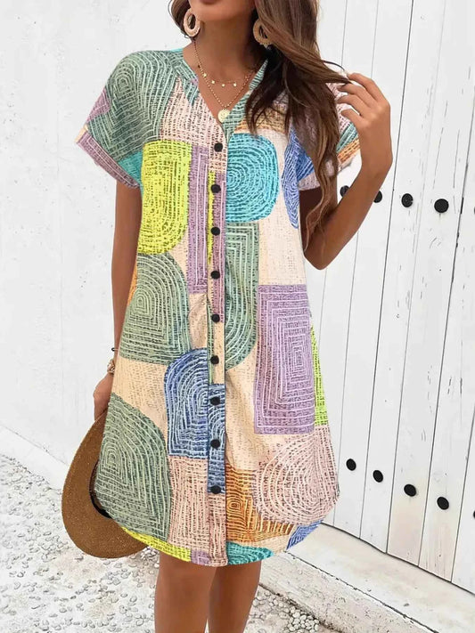 Geometric V-Neck Short Sleeve Button-Front Dress