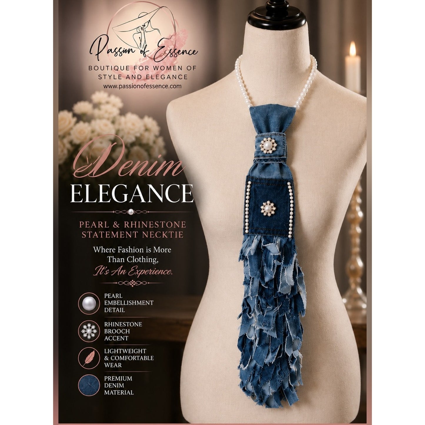 Up cycle Denim Necktie Necklace Faux Pearl Rhinestone Fringe Statement Tie NWT