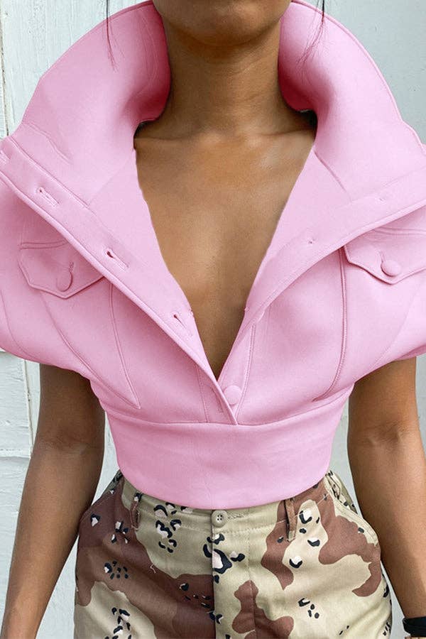 MB FASHION Cropped High Collar Button-Up Top 452R