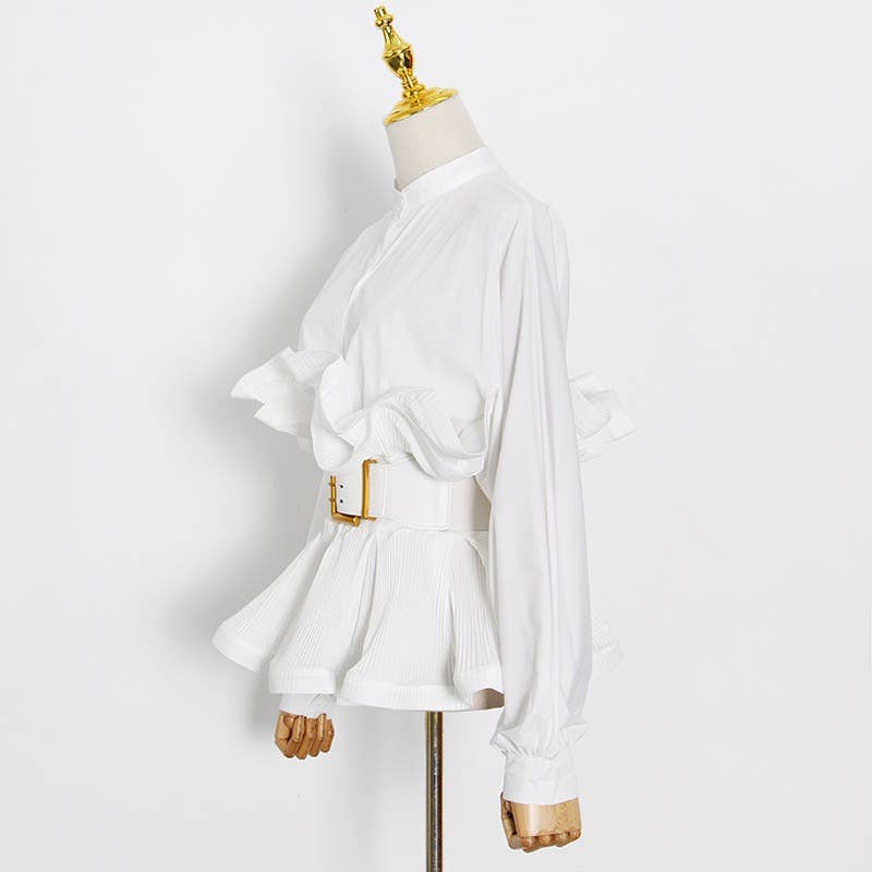White blouse with ruffled sleeves on a mannequin against a white background