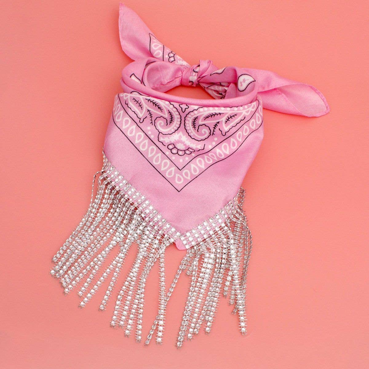 AKA Pink & White Bandana Bling Fringe Scarf Necklace