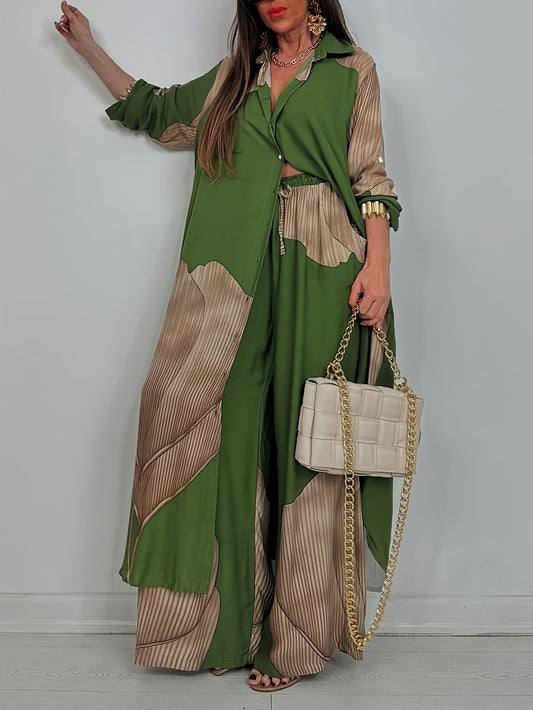 Woman wearing a green and beige outfit with a handbag against a white background
