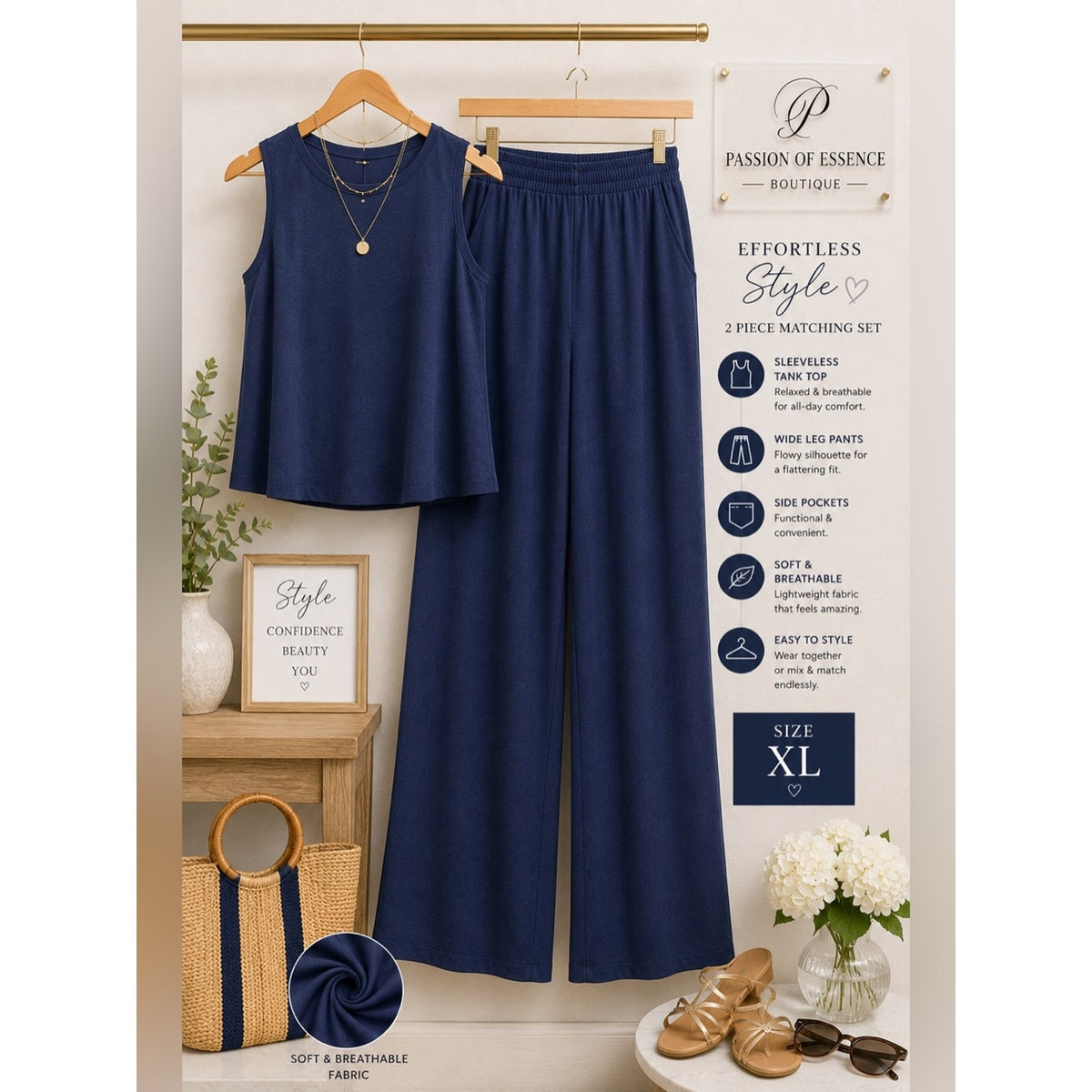 Navy Blue Sleeveless Wide Leg Pants 2 Piece Matching Set XL