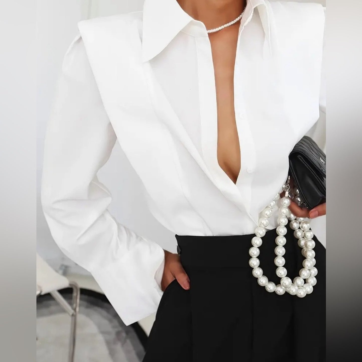 Black Elegant Solid Button Front Shirt - Flattering Lapel