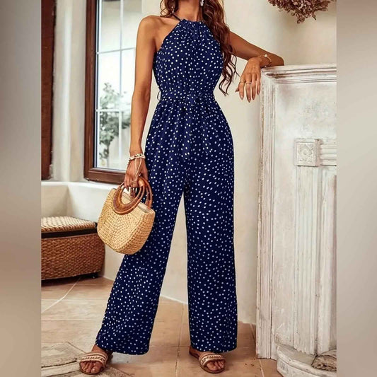 Elegant Geometric Halter Neck Culottes Wide Leg Jumpsuit, Versatile Sleeveless